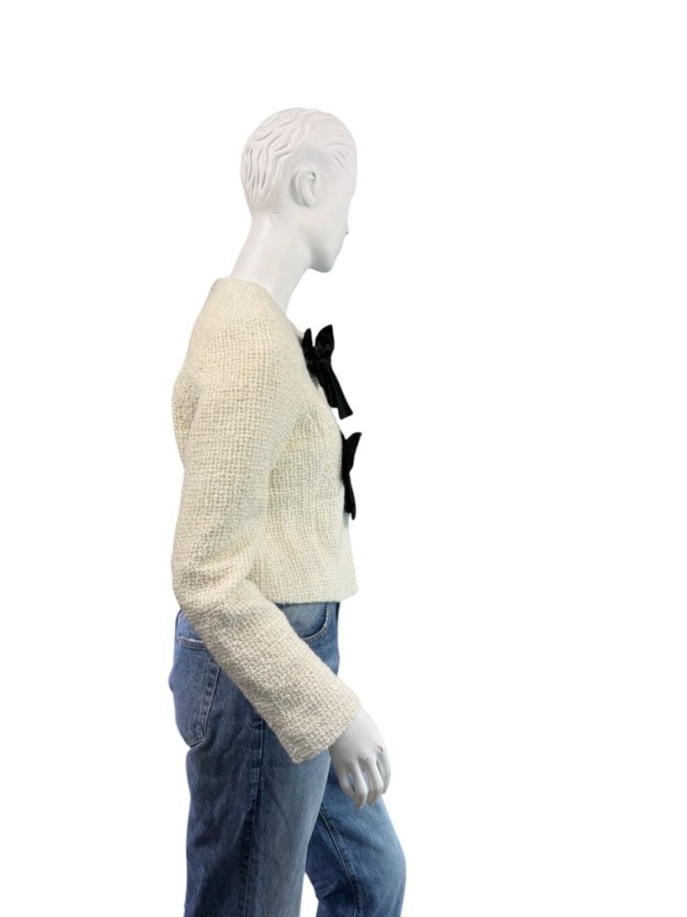 Avec Les Filles Bow Tweed Lady Cropped Jacket in Off White w/ Black Bows XS - Picture 6 of 9